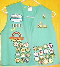 Girl Scout Vest - There are a lot of badges on the front. And there are also patches on the back. All of them are sewn on and some are also iron on. Notice the Bronze Award pin on the right side, She worked her tail off for that one!