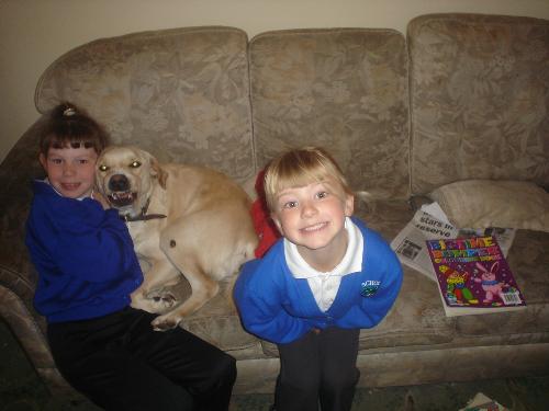 my two in a brief moment of school morning calm - my kids have to be very well organised in the morning as they get ready for school, they also like time to play with our pet dog nero