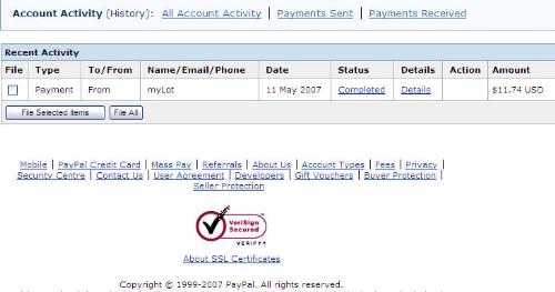 myLot paid me! - A picture of the payment from myLot in my PayPal account.