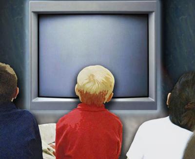 Children at TV time - Kids gathered around watching television.
