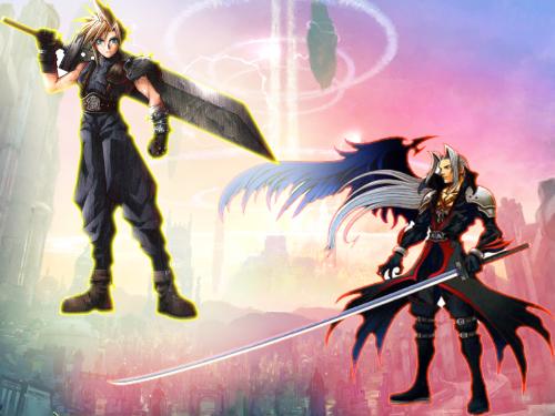 cloud n spehiroth - something that i made with photshop(a day after i got it lol) with sephirotha nd cloud from ff7 and baground from AIOn the tower of eterenty