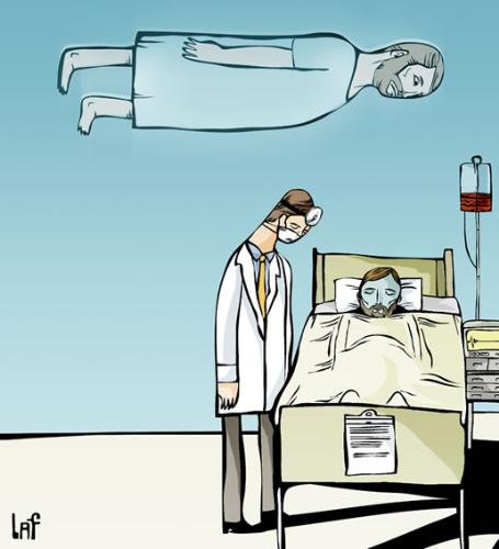 Do you care what happens after you die? - A comic picture of spirit floating above a dead body examined by a doctor.
