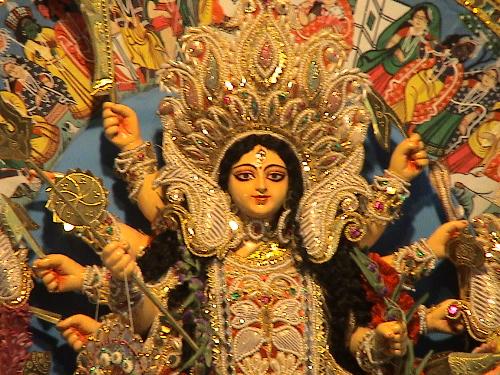 Durga - There are various versions about the incarnation of Goddess Durga. The most common one goes like this:   Once upon a time, a demon by the name of Mahishashur became very powerful because of a boon conferred upon him by God Shiva. As a result he invaded the Heavens and drove out all the gods residing there including their king, Lord Indra. All the resident gods and goddesses of Heaven visited the three main Powers of this Universe; Brahma, Vishnu and Maheshwar (another name for God Shiva) and lamented on their state of sorrow and the amount of torment put upon them by Mahishashura. Listening to this, Brahma, Vishnu and Shiva were so enraged that the grief of the gods also transformed into immense anger over the deeds of Mahishashura. Out of this combined rage and anger of the 3 main gods and all other gods and godesses present there, developed an immense power and out came Goddess Durga as an incarnation of Shakti, the power behind everything in this Universe.   All the gods and goddesses, started praying to her to save them from their plight and angusih which they are suffering at the hands of Mahishashura. All of them started to give her various means of self defence (weapons and carrier) and out came Goddess Durga, fully prepared to face the might of Mahishashura.   Thus started one of the biggest fights between demons and gods, or evil and good, in the form of Mahishashura fighting Goddess Durga. As always, good prevails over the evil and Goddess Durga came out victorious in this fierce battle. She killed Mahishashura and reinstated the gods in their original abode in the heavens. She then told all the gods and goddesses to call her in their times of distress and she will respond immediately to alleviate their plights and misery.   Thus it is a common belief among the Hindus, that Goddess Durga, being the reincarnation of Shakti or power, is always worshipped during times of hardship, conflicts and confrontation. The Hindus pray to Goddess Durga or one of her many incarnations, to overcome any adverse situations in life and they believe that with her blessings they can cross any hurdles.