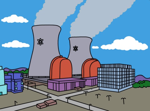 Nuclear power. - A cartoon of a nuclear power plant.