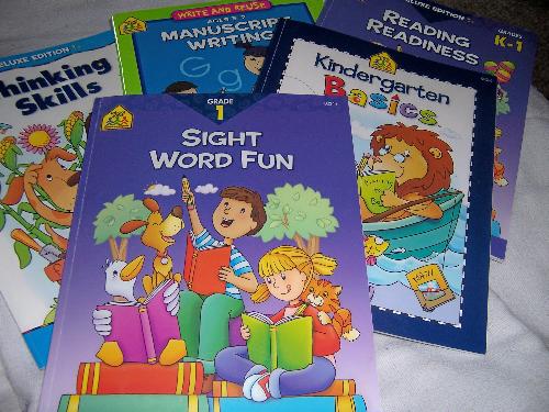 Books we are working on now - This photo was taken today...it is the current set of books that we are working on...  'Thinking Skills' for ages 4-6 by School Zone 'Kindergarten Basics' by School Zone 'Manuscript Writing' for ages 5-7 by School Zone 'Reading Readiness' grades K-1 by School Zone 'Sight Word Fun' grade 1 by School Zone