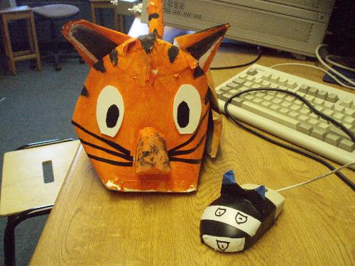 cat and mouse - this is a cat made out of cardboard and a mouse made using a real computer mouse.