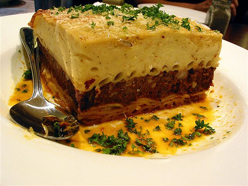pastitsio - a layered baked dish made out of tubular pasta