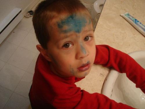 horrible threes - My three turning four year old. Stamped himself with our address stamp. He told us he was trying to mail himself to California to grammas house.