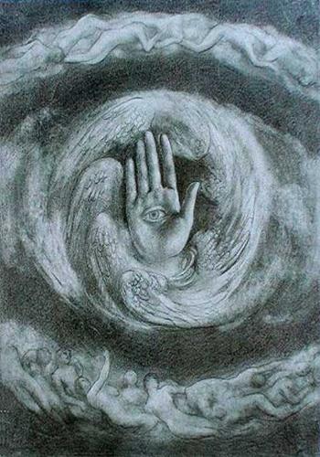 Kahlil Gibran's most popular painting - Known as the Divine World or simply as the Eye in the Palm, this is one of Gibran's most popular works of art. This painting is even rendered on the wall that houses his final resting place in his hometown of Lebanon.