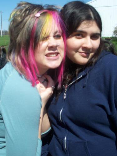 Justine and me during the fire drill - I usually hate geting my picture taken but this is a good one of me. My friends say I should smile more in pictures.