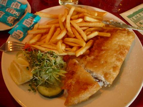 fish and chips - French fries and fried fish.