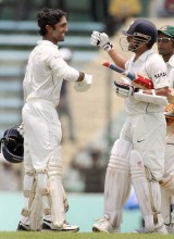 Karthick&#039;s celebration - Dinesh Karthik is congratulated by Sachin Tendulkar on his maiden Test century