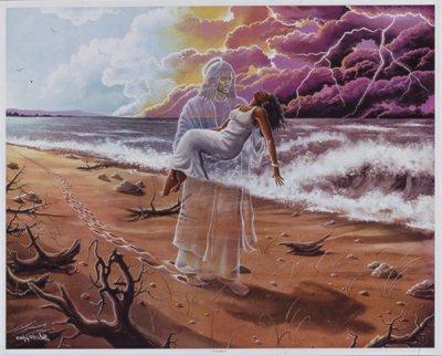 God is with us! - This is a picture of Jesus and a woman whom has grown tired and can no longer go on so jesus picks her up and carries her the rest of the way giving her faith and a rest she needs. This happens on a beach you can see the footprints in the sand and it is thunder and lightening . I love this picture.