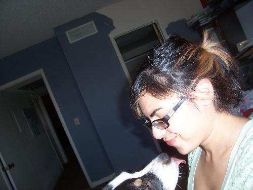 me & my puppy - puppy, love, kisses, pitbull, glasses