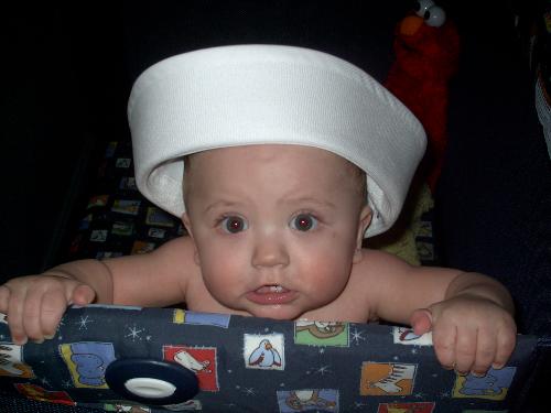 Mikey in Navy Hat - My son Mikey when he was 8 months old wearing his Daddy's hat
