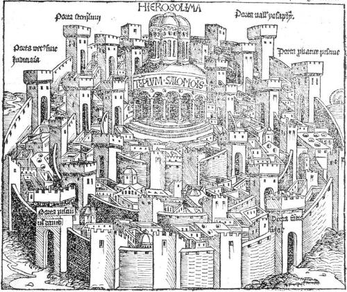 Solomon's Temple - An illustration of the temple Solomon built, standing in the middle of the city of Jerusalem