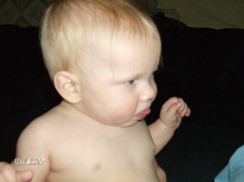 Dakota at 6 mths old - He has learned how to stick out his tongue.