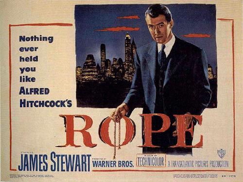 Rope, a classic Hitchcock thriller starring James  - Rope is a classic Hitchcock thriller starring James Stewart. Synopsis: two young men kill prep-school friend, just for the thrill of it, and challenge themselves by inviting friends and family to their apartment afterward—with the body hidden on the premises. Hitchcock's first color film was shot in ten-minute takes to provide a seamless flow of movement, but it remains today what it was then: an interesting, highly theatrical experiment. Inspired by the real-life Leopold-Loeb murder case. Patrick Hamilton's play was adapted by Hume Cronyn and scripted by Arthur Laurents.