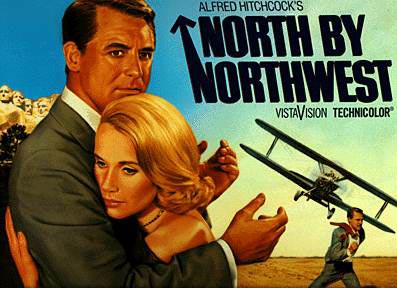 Poster for North by Northwest - North by Northwest is a popular Hitchcock film. Cary Grant plays a Manhattan advertising executive who's mistaken for a government agent. His attempts to clear up the misunderstanding only implicate him in a murder that makes him the target in a nationwide hunt. Forced on the run, he's faced at every turn by assassins out to kill him, and the mysterious Eva Marie Saint who's only too keen to help. Running at over two hours, Hitch is able to pack in many memorable sequences including the famous crop-dusting scene. While each of them excels in intrigue and suspense, he cleverly links them with black humour. Hitch delivers these emotional highs and lows with perfect timing, allowing moments of relief to break out before mounting another crescendo of excitement. The effect is like a grand musical work, conducted with bravura audience manipulation.