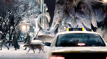 Night at the Museum - A taxi cab waits *patiently* as it lets the prehistoric animals cross the street.