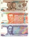 Philippine Peso - Philippine Peso Currencies in Ten Pesos (brown), Twenty Pesos (orange), One Hundred Pesos (purple).