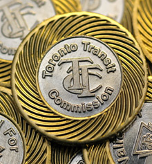 Toronto Transit Commission subway token - The bi-metal subway token of Toronto is made of made of brass and silver. It's made of two metals to try and cut down on counterfeits.