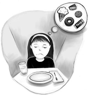 anorexia - girll thinking of food but isnt eating any.