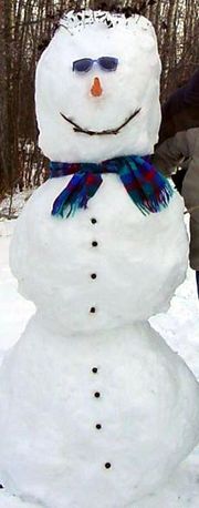 Snow man - A snowman is a man-like figure constructed from compacted snow. The image of a snowman is popularly connected with Christmas and is embedded in Western culture. Building a snowman is a popular winter recreation for children.  A snowman can be constructed by rolling a large ball of snow for its body. A second (and often a third), smaller ball is placed on top, as its head. Facial features, such as eyes and a mouth, are added using coal, small stones, or buttons. A nose may be added, using a piece of fruit or a vegetable, such as a carrot; sticks are sometimes added as arms. Snowmen are often depicted with a pipe and a hat.  In the United Kingdom, snowmen commonly are built with two balls of snow, whereas in the United States the 'three-ball method,' as shown in the photograph on the right is much more popular.