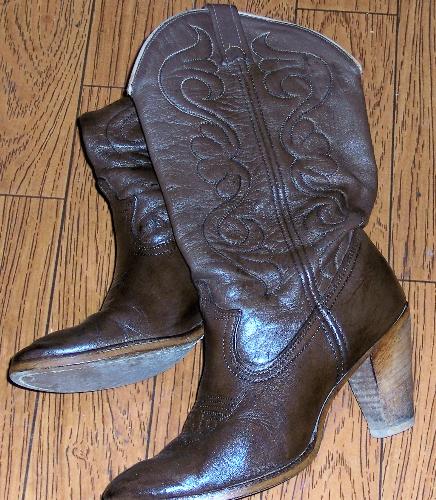 My Freshly Polished Work Cowboy Boots - This photo is taken of my freshly polished work cowboy boots...thrown casually onto my kitchen floor....I am only 5'1' tall so I frequently need the added height of the heels on my boots....LOL