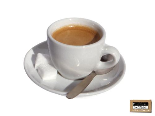 A cup of coffee - with 2 cube of sugar.
