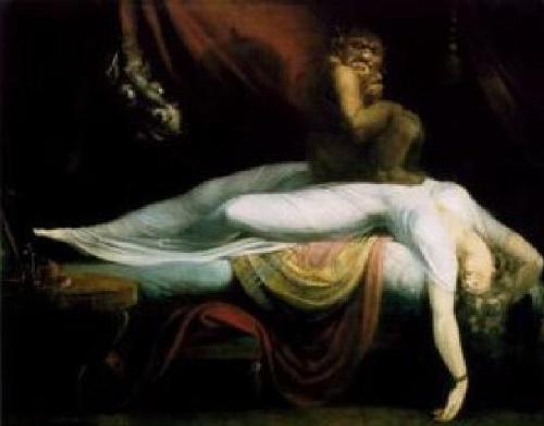 A painting of a woman suffering from sleep paralys - This is a representation of a spirit that we call in the Philippines as Bangungot or Nightmare spirit.

It causes paralysis and Nightmares to its victims, it feeds on the emotion of fear and drains you of your life&#039;s breath.

This creature often kills Men only in the Pacific area of the world, People who have Indonesian, Malay, Polynesian Blood and even Filipino blood are especially vulnerable to these spirits.

Women are immune to its deadly grip, they can be attacked but they will not die of it