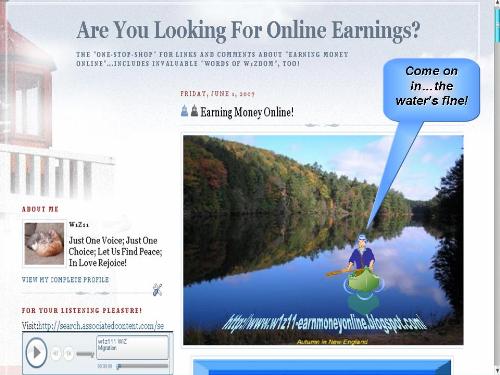 Screen capture of blog site - Image of blogsite http://www.w1z11-earnmoneyonline.com/