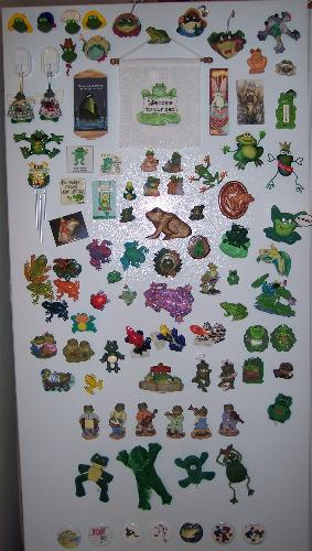 a magnet collection - The owner of this fridge obviously collects frogs! at least the magnetic variety. I think it looks pretty neat, and tidy! wonder if there are any princes amongst them.