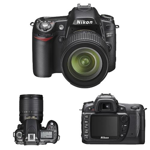 Nikon D80 SLR - Front, top and back view of Nikon D80 SLR  Main Features     10.2 effective megapixel Nikon DX Format CCD image sensor  High-speed continuous shooting: 3 frames per second (fps) in bursts of up to 100 consecutive JPEG (FINE M-size or smaller) or 6 RAW (NEF) images  Advanced high-precision, high-performance imaging processing engine with color-independent pre-conditioning  3D-Color Matrix Metering II with 420-pixel RGB sensor delivers consistent and dependable automatic exposure for ideal results in most lighting conditions  Refined 11-area AF system with new Auto-area AF mode and center sensor that can be switched to wide-frame operation for broader coverage  ISO AUTO mode automatically adjusts sensitivity between ISO 100 to 1600, maximizing available light to help achieve optimal exposure  Seven automated Digital Vari-Programs (Auto, Portrait, Landscape, Close Up, Sports, Night Landscape and Night Portrait) optimize white balance, sharpening, tone, color, saturation and hue to match the scene.  User-selectable choice of Normal, Softer, Vivid, More vivid, Portrait, Custom and Black-and-white image optimization options  Near-instant response with 0.18 sec. power-up and approx. 80-millisecond shutter release time lag promotes fast handling  Top shutter speed of 1/4,000 second and flash sync speeds up to 1/200 second  Fast image transfer via USB 2.0 Hi-Speed interface and SD memory card  Creative in-camera effects and editing functions consolidated under the new Retouch menu, including D-Lighting, Red-eye correction, Trim, Image Overlay, Monochrome settings (Black-and-white, Sepia, Cyanotype) and Filter Effects (Skylight, Warm filter, Color balance)  Multiple Exposure shooting option automatically produces an effect that resembles multiple exposure techniques used with film  Large 2.5-inch LCD monitor with ultra-wide 170-degree viewing angle for clear image preview and easy access to settings and information, including RGB Histograms  Selectable Slideshow function (Standard or Pictmotion)  SD memory card storage, SDHC compatible  Lightweight, compact body  High-energy EN-EL3e rechargeable lithium-ion battery delivers the power to shoot up to 2,700 pictures on a single charge and provides detailed battery status information. (Battery life figure determined by in-house test parameters)  Built-in Flash with i-TTL flash control and full support for Nikon's Creative Lighting System  The D80 supports more than 43 AF Nikkor lenses in addition to the growing family of DX Nikkor lenses  Includes Nikon’s PictureProject software for easy control over image adjustment and management  Support for Nikon's new Capture NX software, which provides easier access to powerful and visually intuitive enhancement tools that help tap the full potential of NEF images