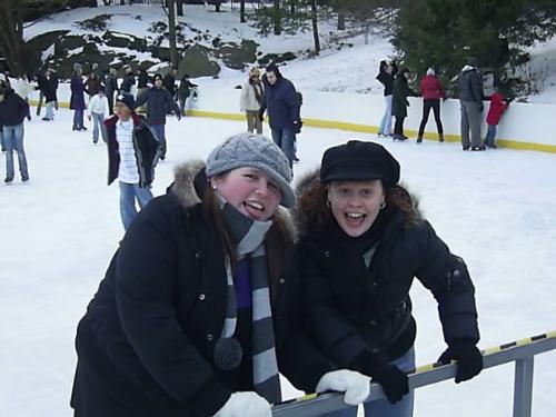 my daughter Lorie and her pal Claire at Wollman Ri - this was the best day ever, we got up early and went for a walk then got the subway to 5th Avenue,From there we went to Disney store then onto Wollman Rink after our Carriage ride around Central park. We spent time in the Zoo then went over to cue for the exciting escapade for the trip around the rink. After fighting to put on the very hard shoes we went out onto the ice. I sat and watched my daughter and her pal whizz round the rowdy rink, to come to a halt in front of me this is the result of their halt!  I love this photograph.