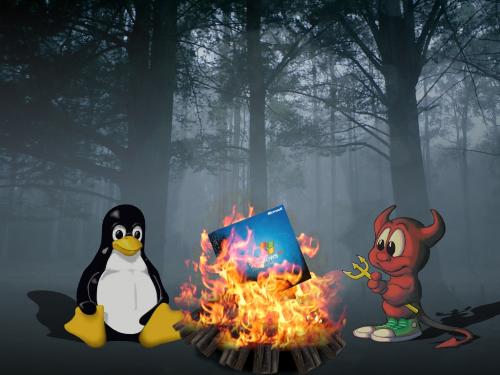 Linux, windows and MAC OS - Tux and MAC OS burning windows