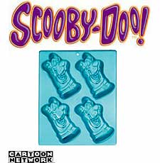 Wilton Scooby-Doo Mini Treats Cake Pan - Product number 2105-3228. Suggested retail price $5.99. Four cavity pan is 11 x 9 in.; individual cavities are 3 x 5 1/2 x 3/4 in. deep. made of aluminum. Get close-up with your favorite character and create all kinds of exciting single-size desserts. Great for cakes, candy, gelatin and brownies. The pan’s intense color makes baking even more fun.