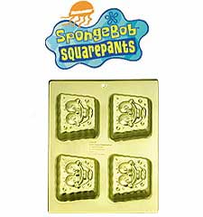 Wilton SpongeBob SquarePants Mini Treats Cake Pan - Product number: 2105-5131. Suggested retail price $5.99. One cake mix makes 15 mini cakes. Four cavity pan is 11 x 9 in.; individual cavities are 3 3/4 x 3 1/2 x 3/4 in. deep. Aluminum.