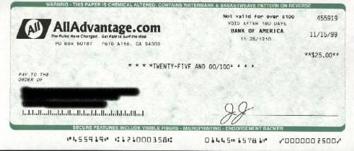 Payment Check - This is a payment check from AllAdvantage Payment Check - This is a payment check from AllAdvantage