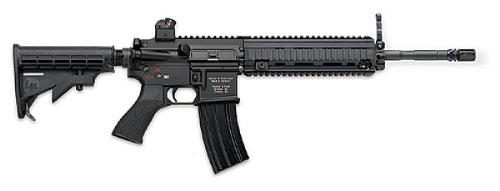 hk 416 - modified version of M16 rifle. using piston system rather than conventional gas operation. cleaner system..need less maintenence