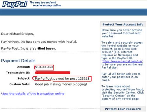 Proof of payment from PayPerPost - My 3rd PayPerPost payment