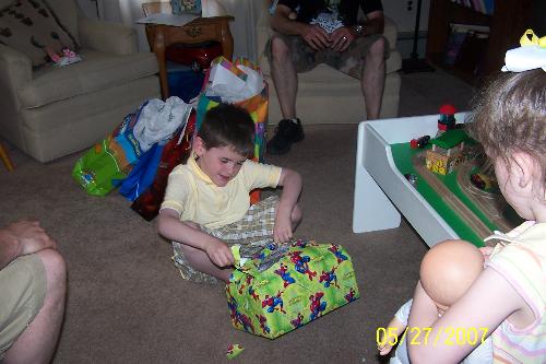 Opening Presents After the Party - This was sad. He had to open his presents at home, not in front of his guests.