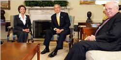 George Bush with his Vice President Cheney and New - Photo shows President George Bush, vice president Cheney and new House Speaker Nancy Pelosi, the first woman in US history to be elected to that post.