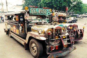 Philippine Jeepneys - Jeepneys are the most common form of public transport throughout the many islands of the Philippines. In Manila they are so numerous, that there is almost constantly traffic congestion. The jeepneys don't have air-conditioning. They have open windows. Most of the time the jeepneys are constantly-packed with many passengers. Jeepneys offer one of the cheapest ways of getting somewhere.