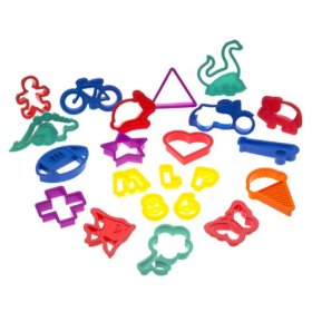 Roshco 100-Piece Plastic Cookie Cutter Set - Cutters form cookies in a huge array of fun, educational shapes for kids, 100 shapes include numbers, letters, geometric forms, animals, plants, vehicles, baseball bat, tennis racquet, seasonal, dollar sign, question mark, umbrella. Cutters are stiff, durable plastic dishwasher-safe and come in many colors.