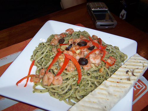 seafood pasta - pasta topped with shrimp