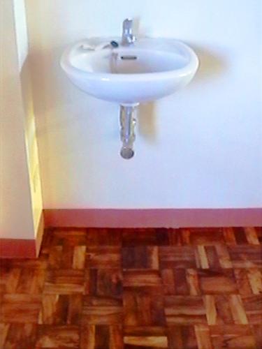 my sink - Notice the wood tile floor, protected by polyurithane under my new room sink.. isn't it grand?