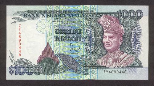 malaysia 1000 ringgit - this note already been history,starting from 1998,its not using in malaysia market anymore due to goverment set up a rule to limit citizen brings huge money to other country after the JOSH hit asia economy.