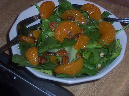 Spinach Mandarin Salad - I make this salad using baby spinach leaves, peacan halves, mandarin pieces and I pour a blue cheese vignarette over it. It is very good and high in iron.