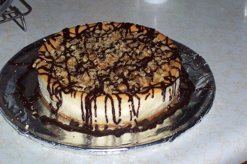 Turtle Cheesecake - I took a regular new york style cheesecake and topped it with chocolate sauce and caramel stripes then topped it with crushed pecan and walnuts.